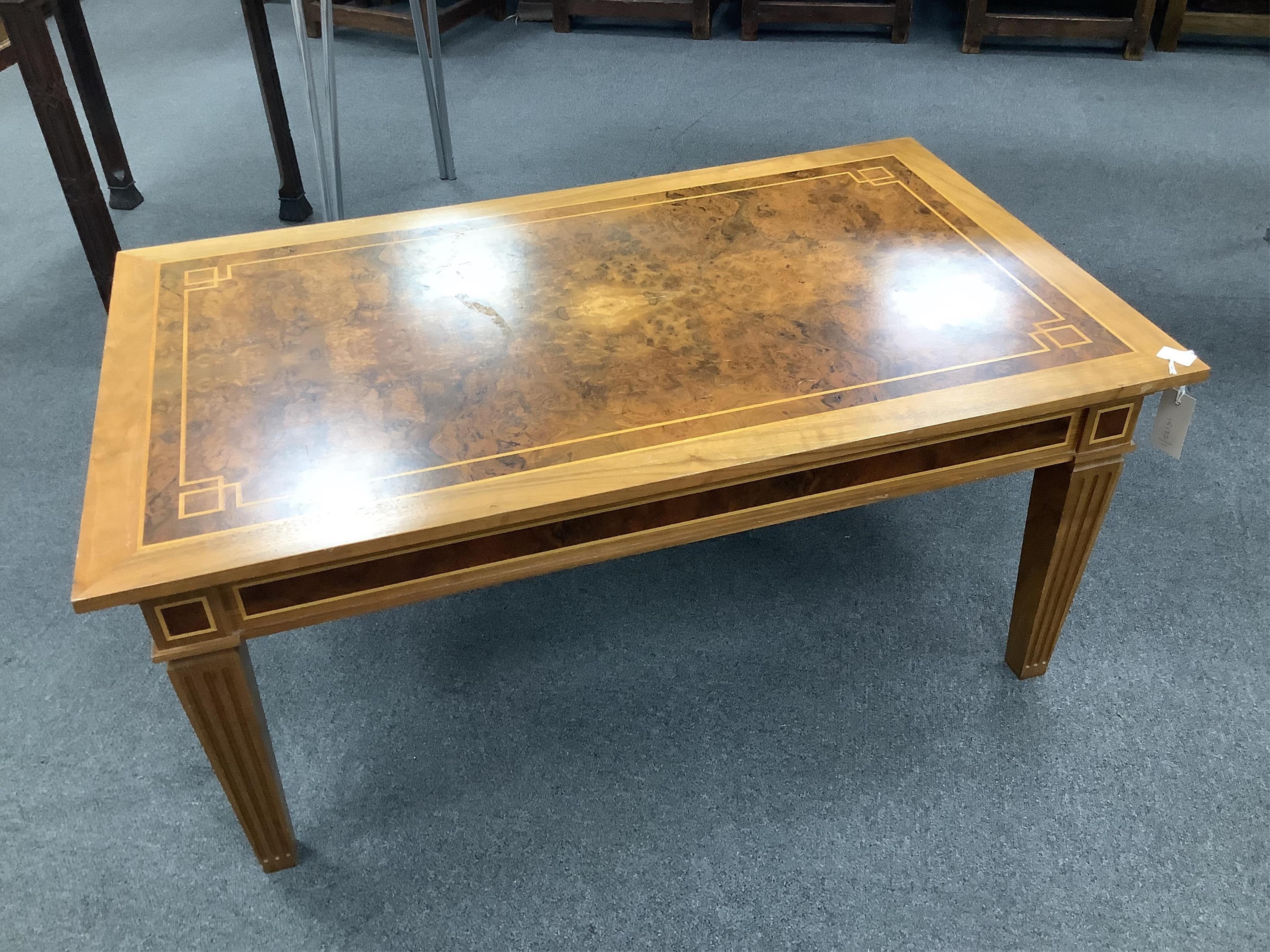 A David Linley inlaid burr walnut rectangular coffee table, width 100cm, depth 60cm, height 45cm. Condition - fair